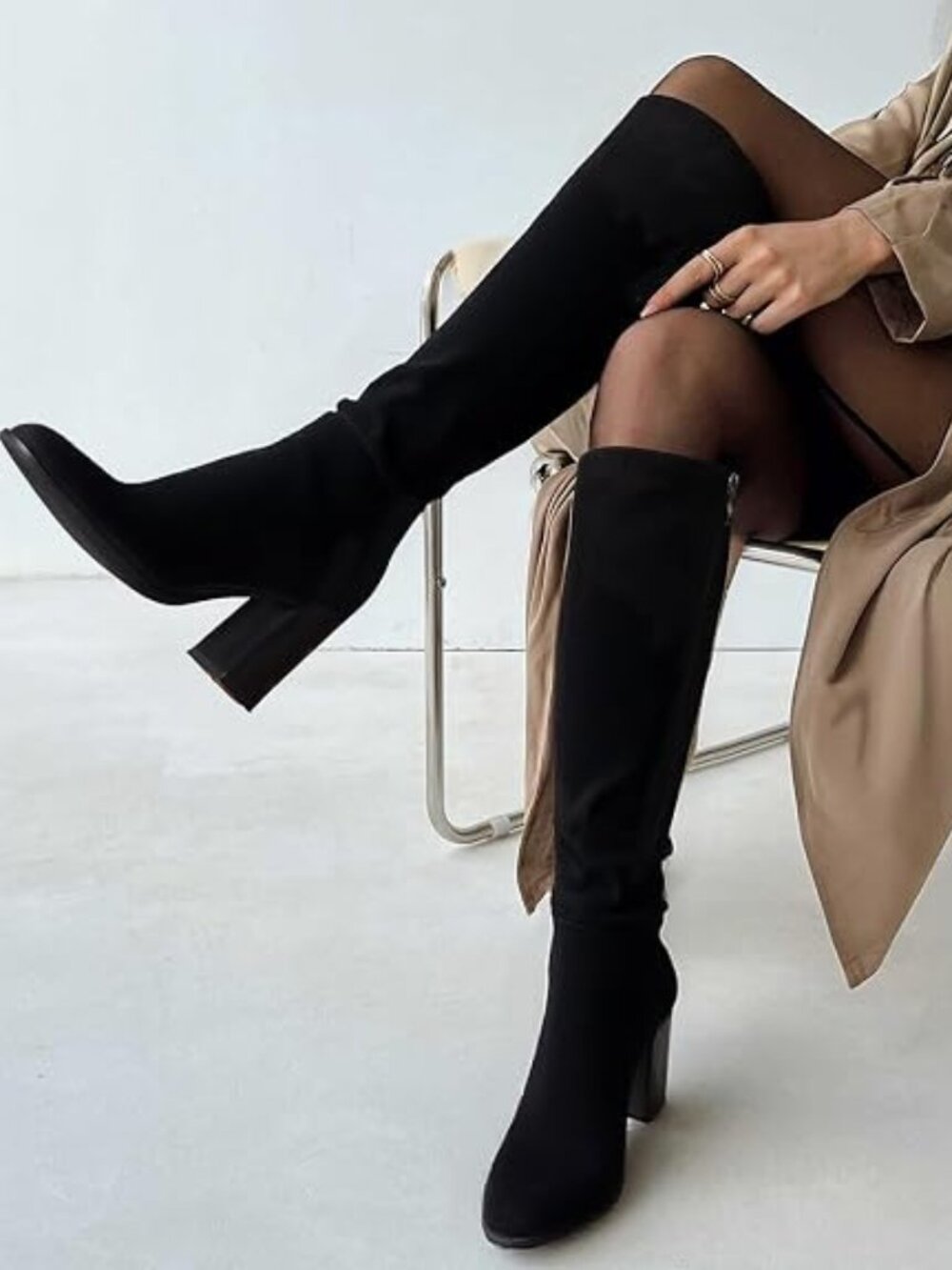 Women Knee High Boots - Round Toe Chunky Heel Tall Boots with Side Zip, Fashion